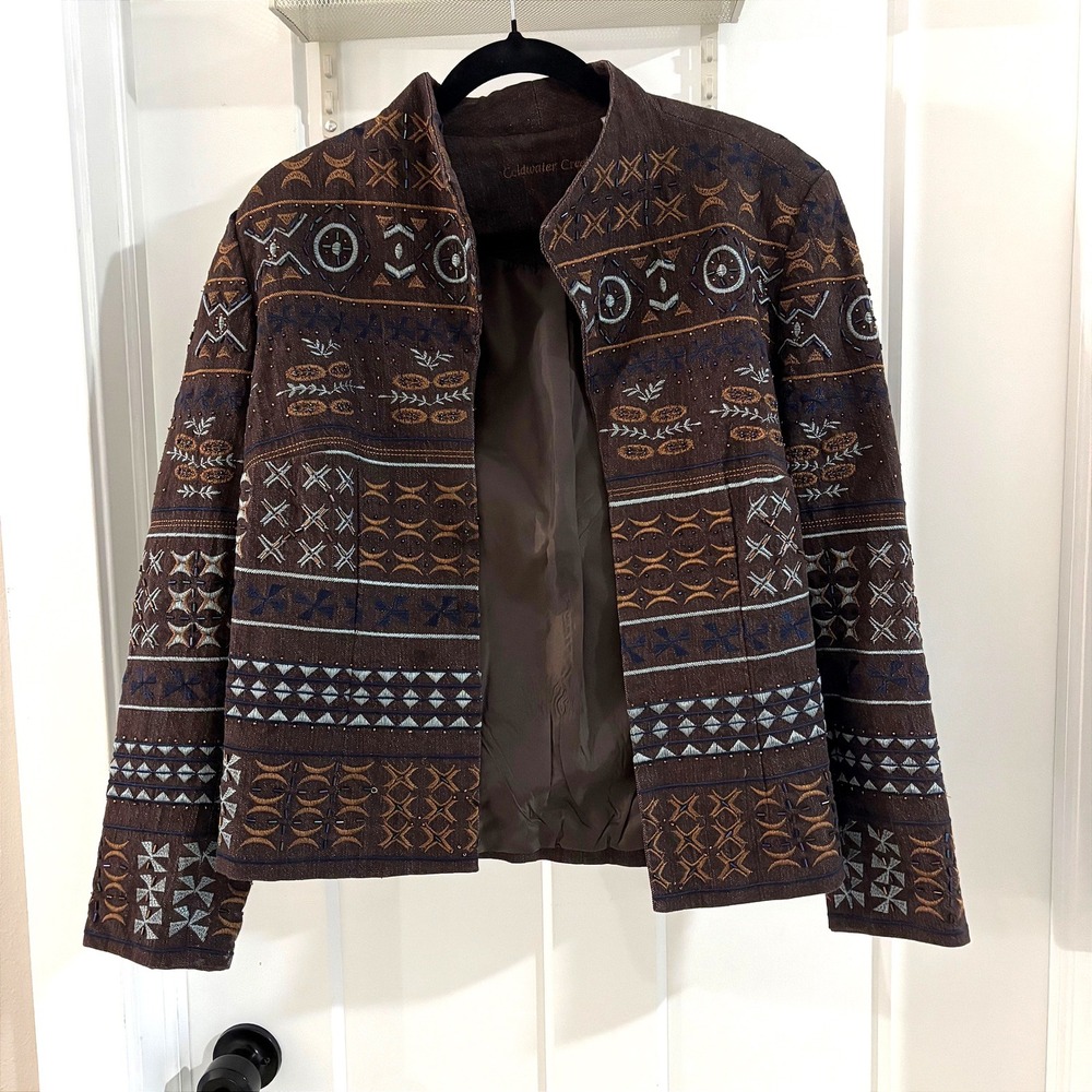 Coldwater Creek Embroidered Boho Jacket Blazer Women's 10 Brown Geometric Tribal